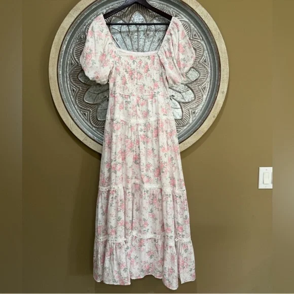 NWT- Altar'd State Blush Pink Floral Square-Neck Tiered Spring Easter Maxi Dress - Picture 7 of 10